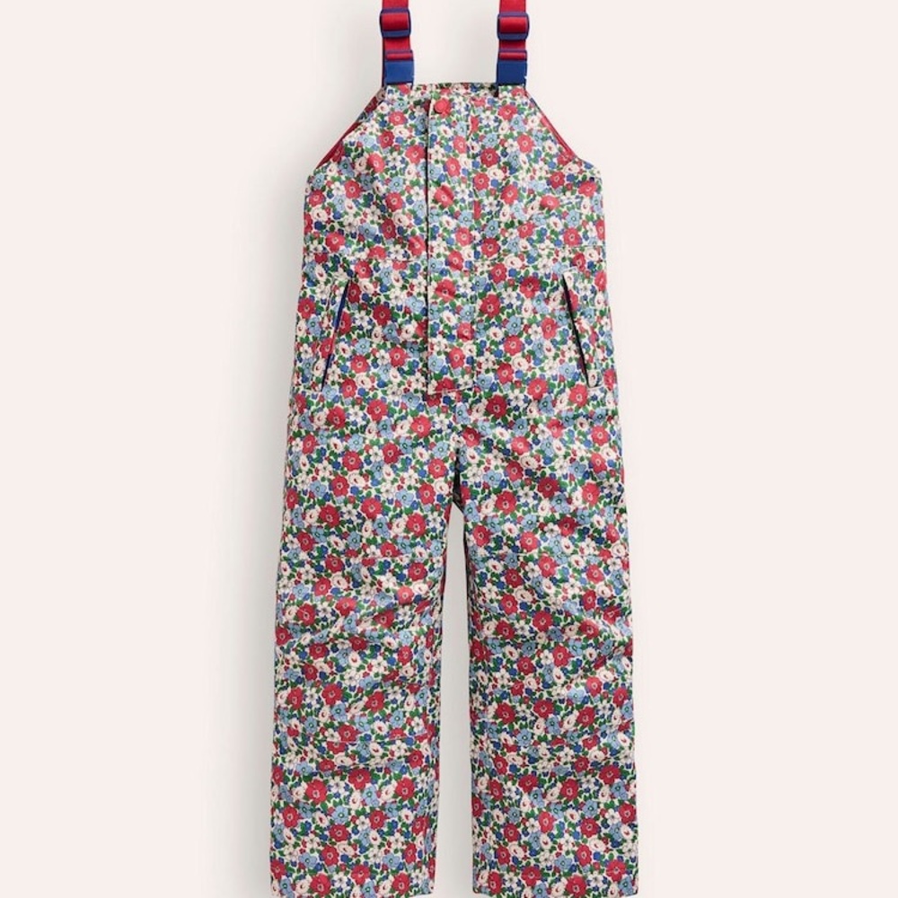 Mini Boden Red Blue Floral Salopette Waterproof Trousers